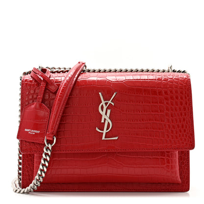 Saint Laurent Calfskin Crocodile Embossed Medium Monogram Sunset Rouge Eros 1 of 11