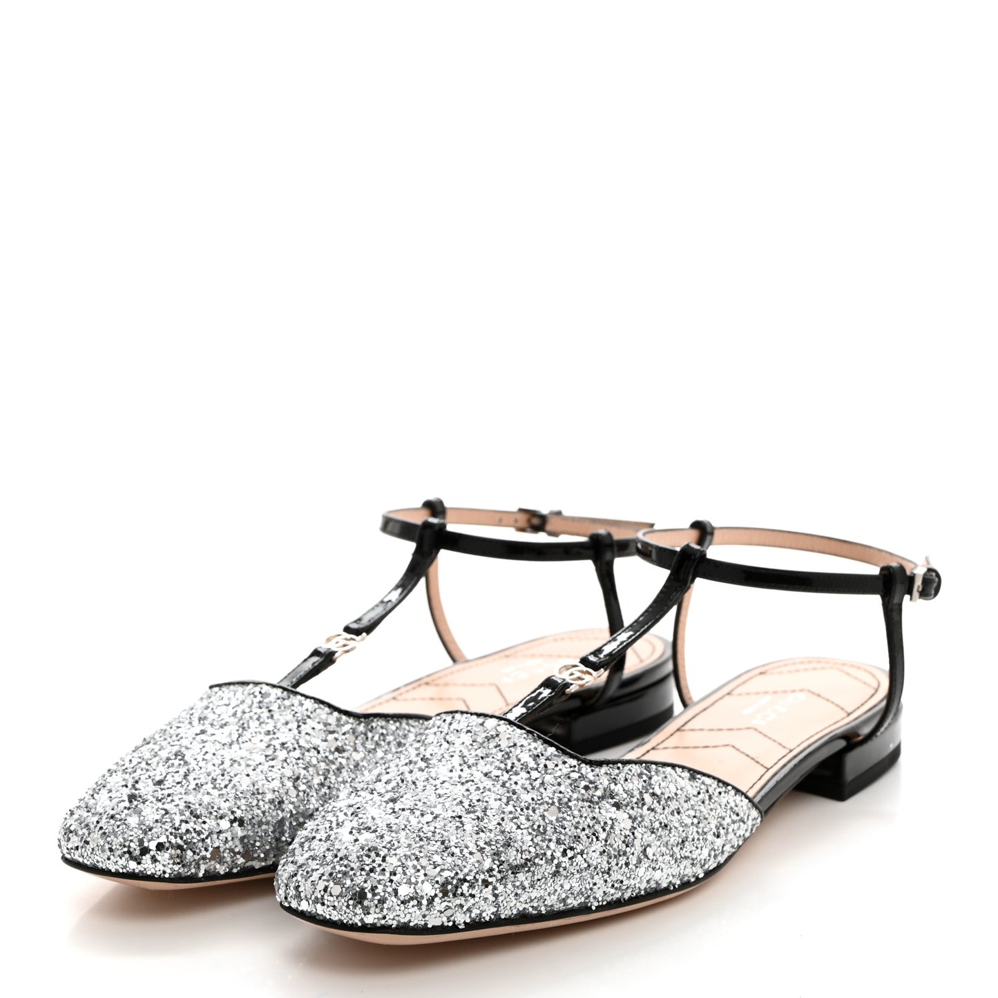 Calfskin Glitter Double G Slingback Flats 37 Silver Black
