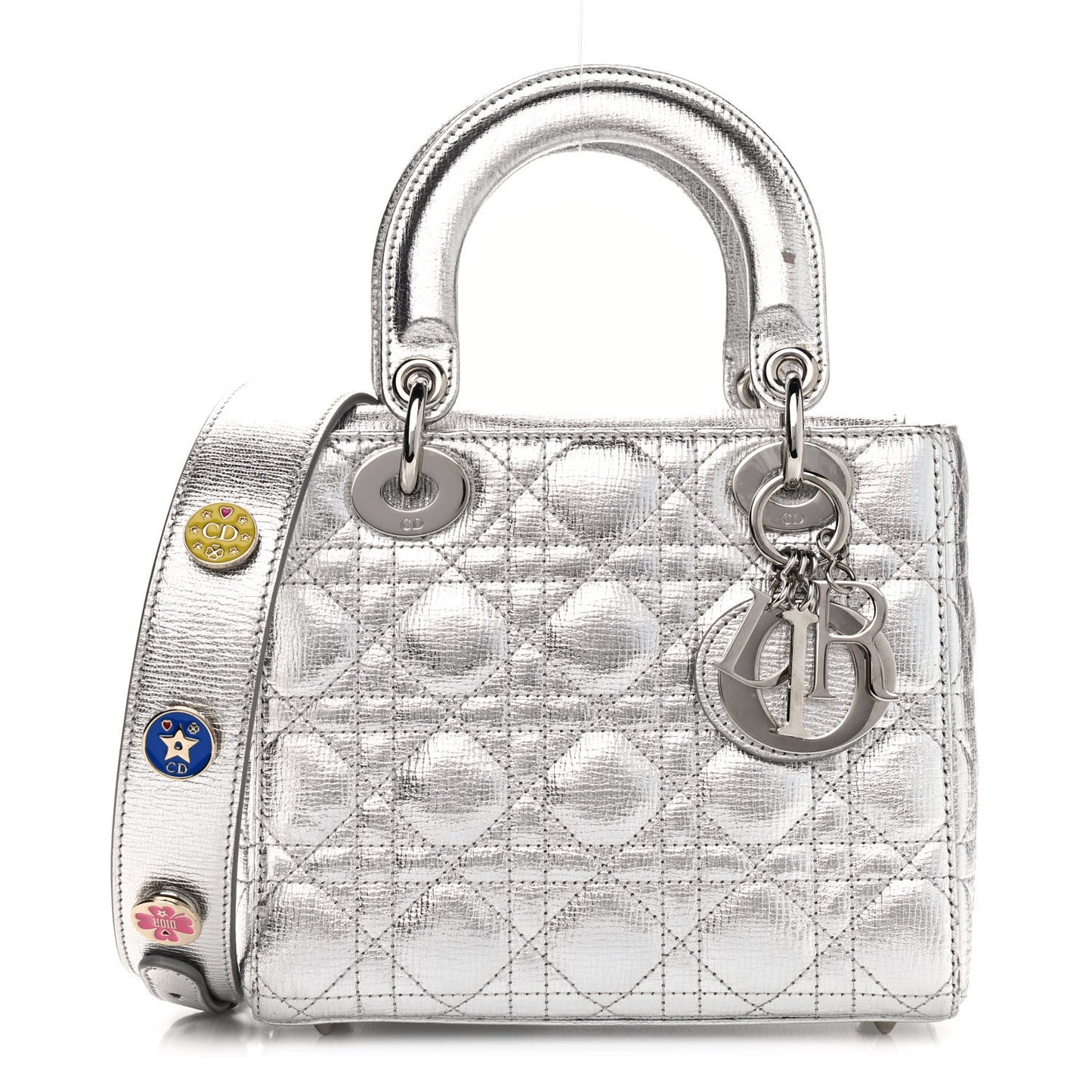 Metallic Grained Calfskin Cannage Small Lucky Badges My Lady Dior Silver