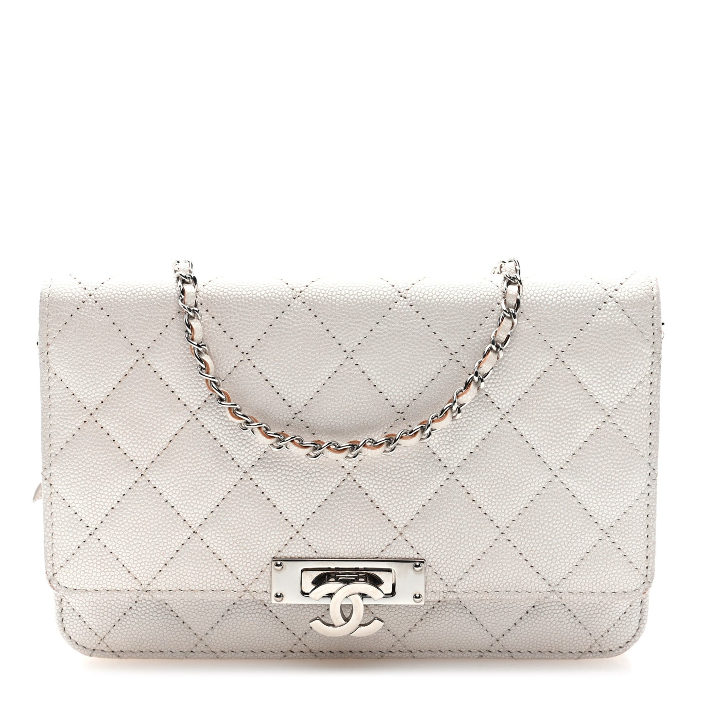 Iridescent Caviar Quilted Golden Class Wallet On Chain WOC White