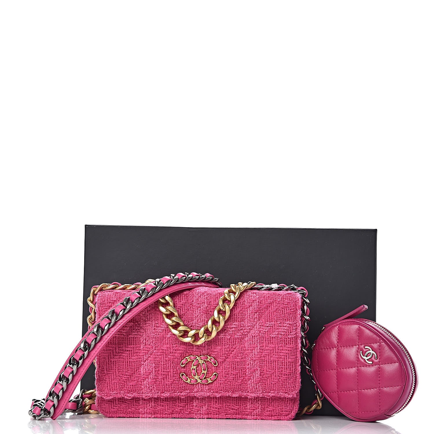 Chanel Wool Tweed Lambskin Quilted 19 Wallet On Chain WOC and Coin Purse Fuchsia 17 of 17