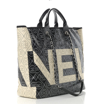 Chanel Coated Canvas Camellia Medium Shopping Tote Black Beige 3 of 12