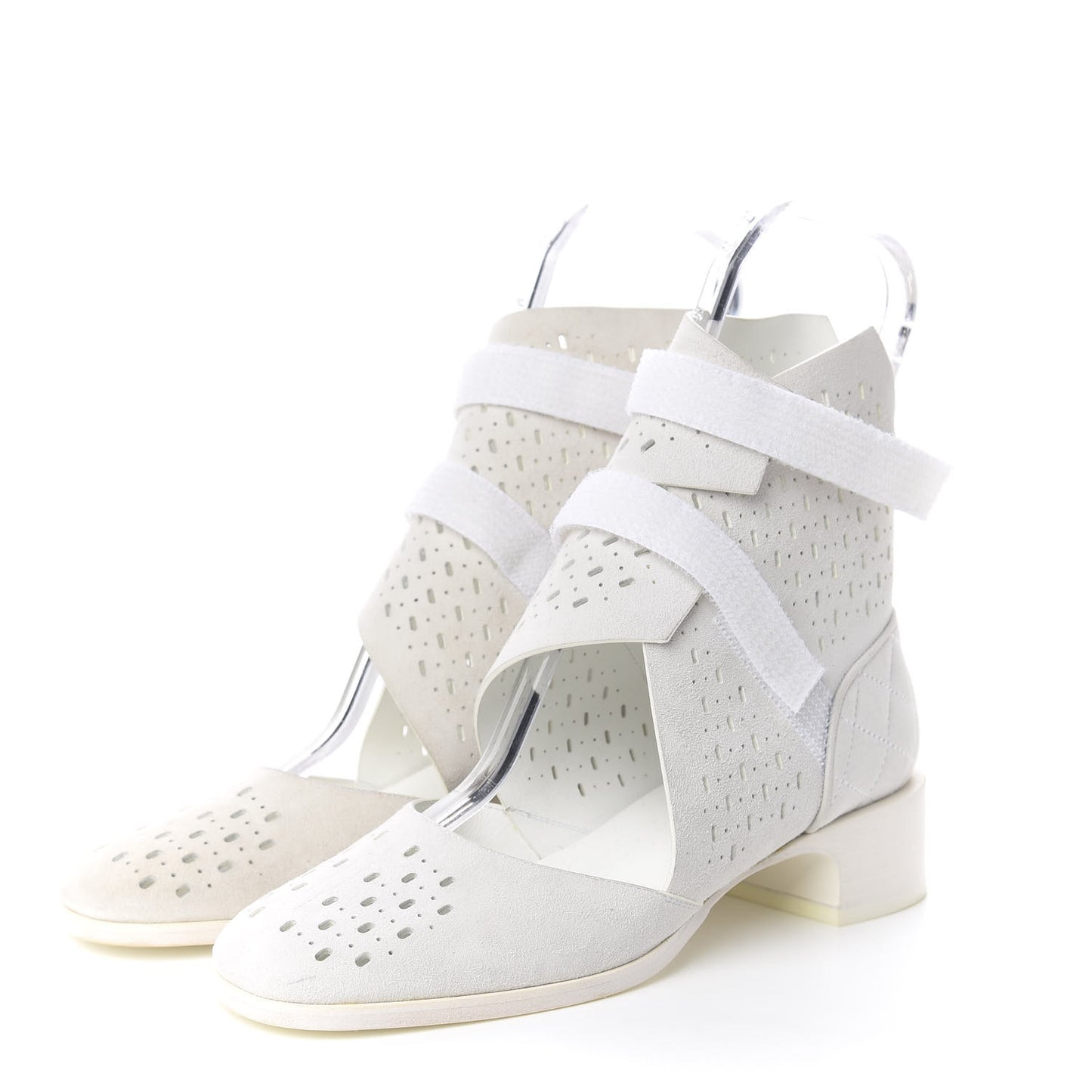 Suede Perforated Velcro Ankle Boots 38 White
