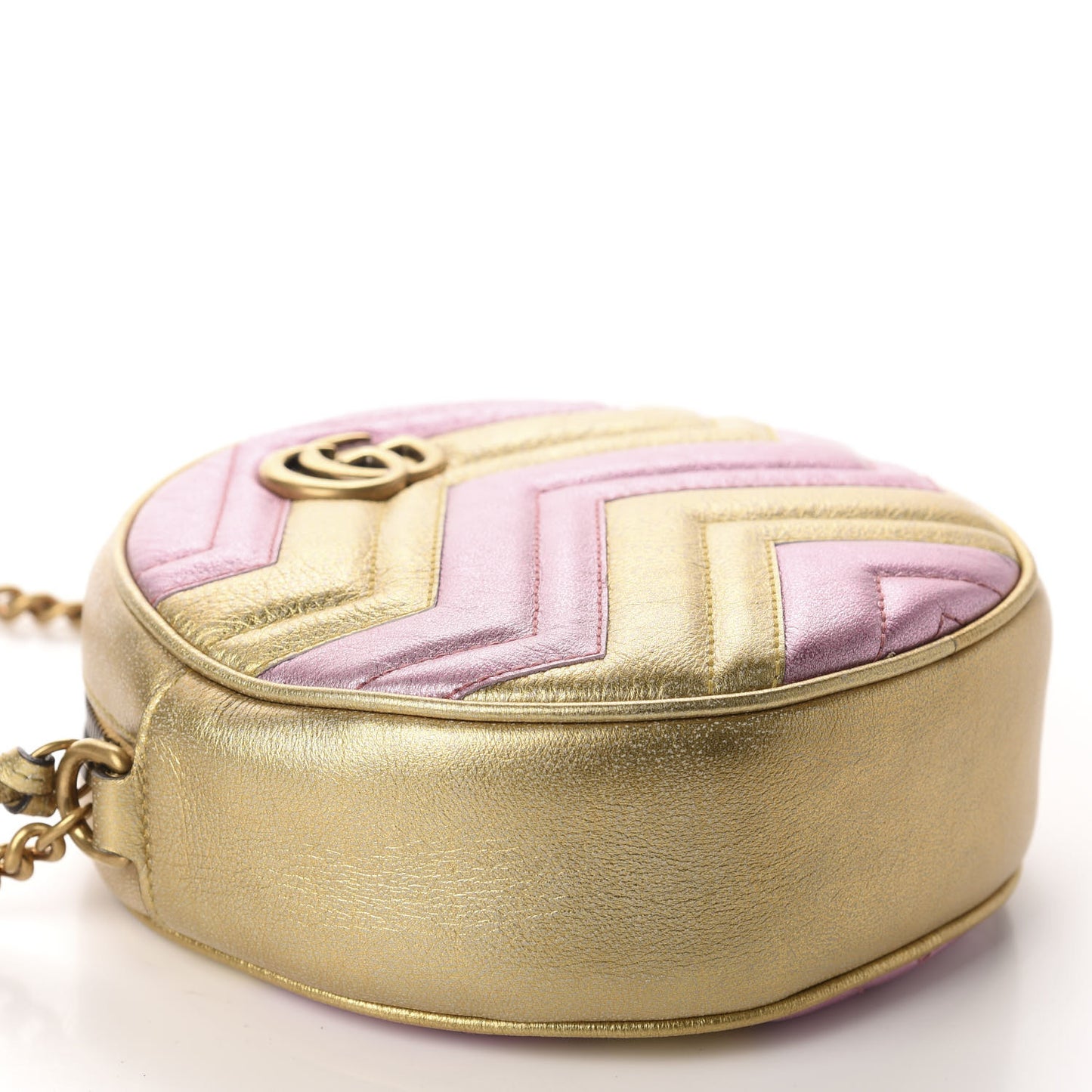 Metallic Calfskin Matelasse Mini GG Marmont Round Shoulder Bag Gold Pink