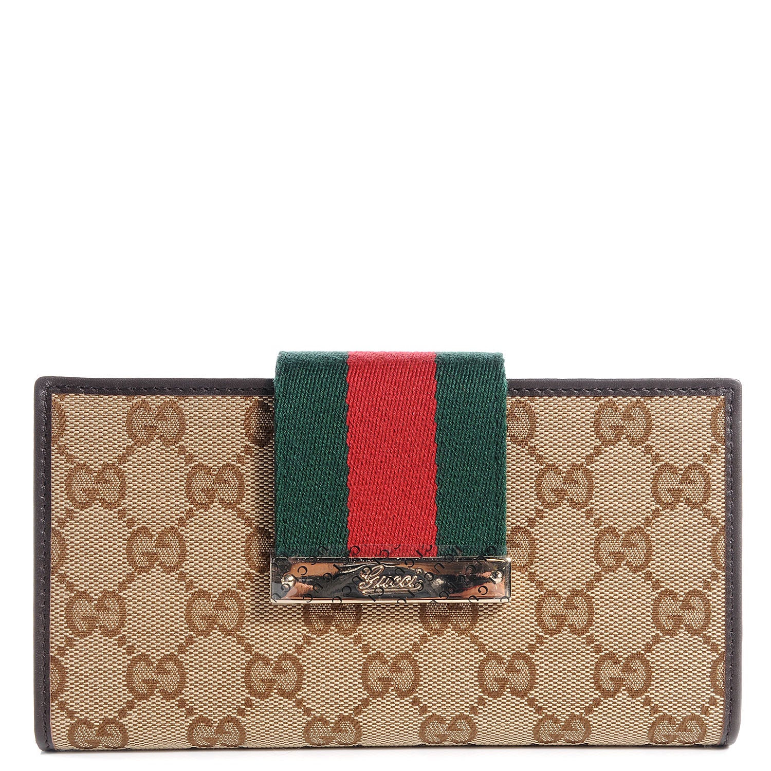 Gucci Monogram Calfskin Ladies Web Continental Wallet Beige Ebony Cocoa 1 of 7