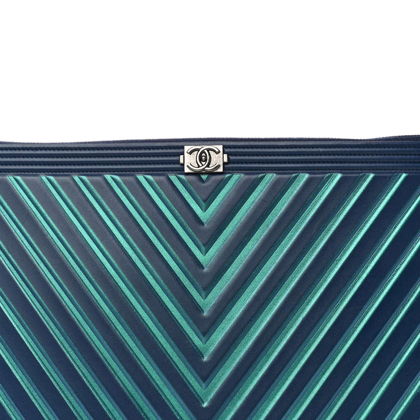 Calfskin Painted Chevron Embossed Large Boy Zip Pouch Black