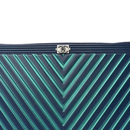 Chanel Calfskin Painted Chevron Embossed Large Boy Zip Pouch Green Navy 8 of 10
