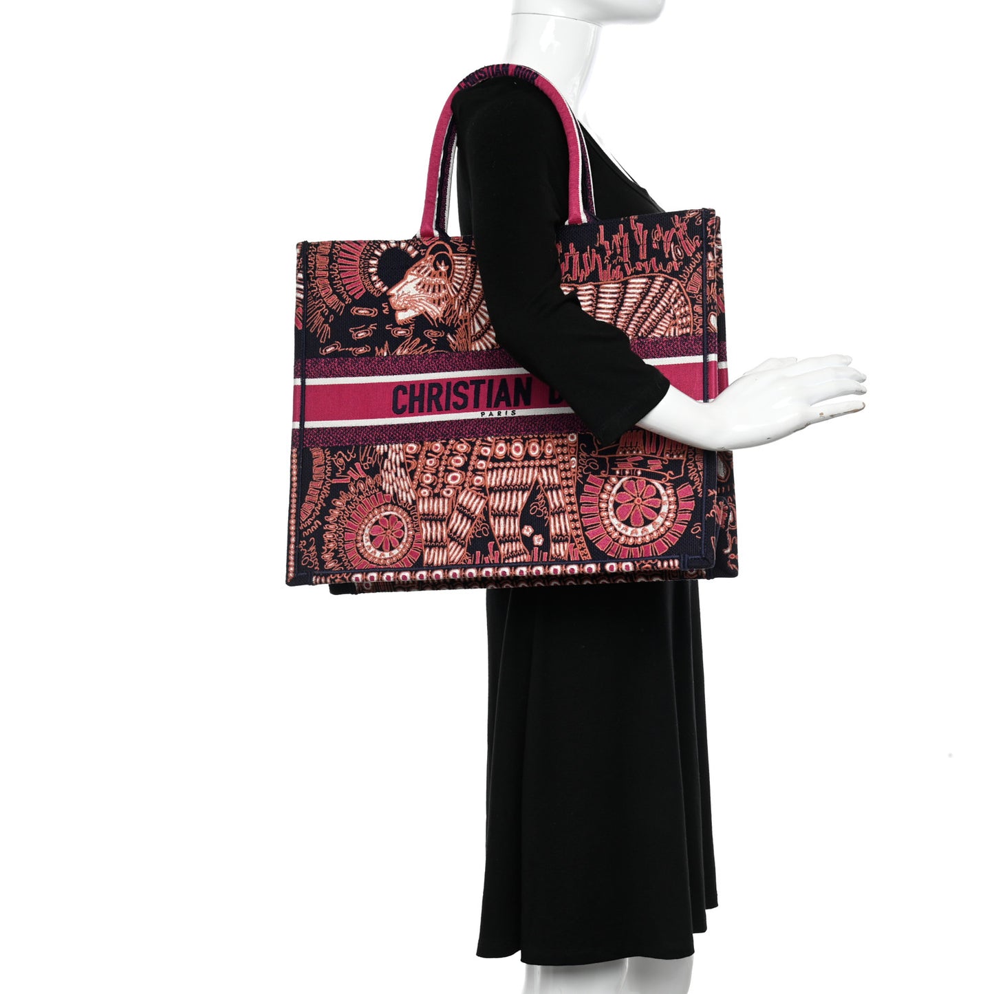 Canvas Embroidered Dior Animals Tiger Book Tote Deep Blue Fuchsia