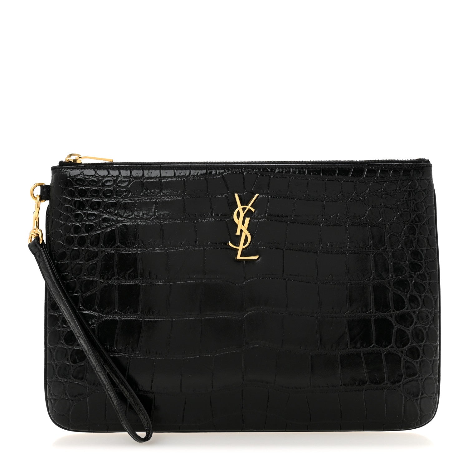 Saint Laurent Calfskin Crocodile Embossed Tablet Pouch Black 1 of 9