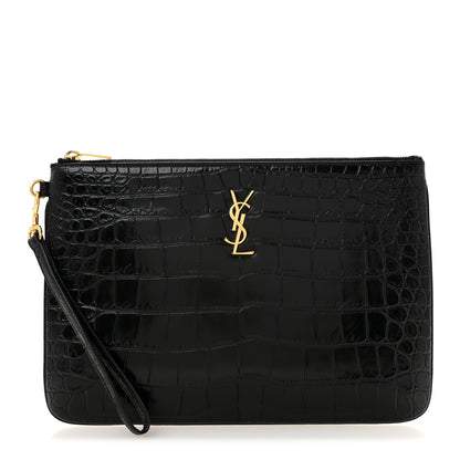 Saint Laurent Calfskin Crocodile Embossed Tablet Pouch Black 1 of 9