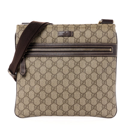 Gucci GG Supreme Monogram Selleria Calfskin Small Flat Side Zip Messenger Bag Beige Ebony Cocoa Dark Chocolate 1 of 11