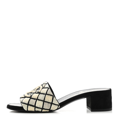Chanel Kid Suede Pearl Embroidery CC Mules 37 Black White 1 of 9