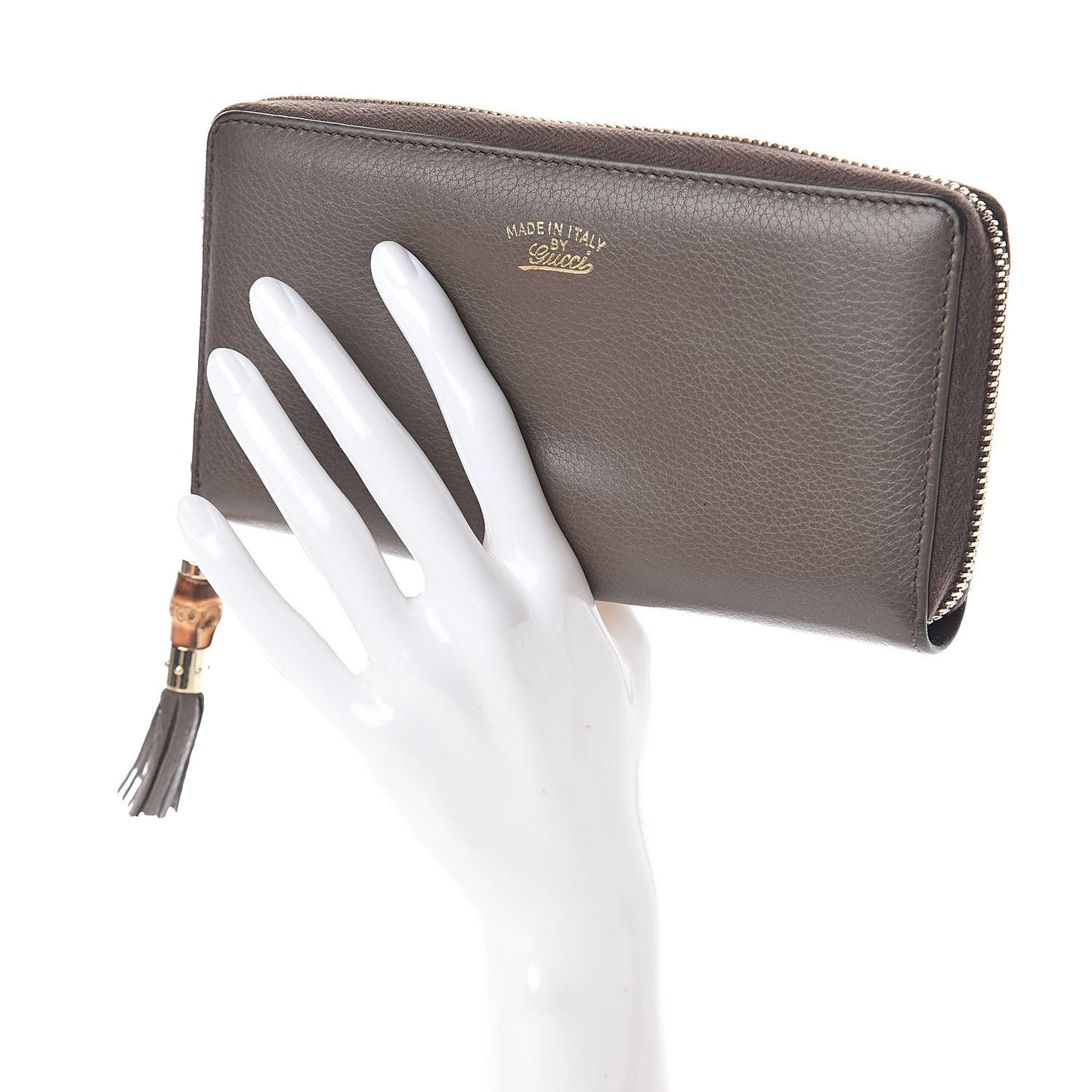 Dollar Calfskin Bamboo Tassel Zip Around Wallet Grey Field