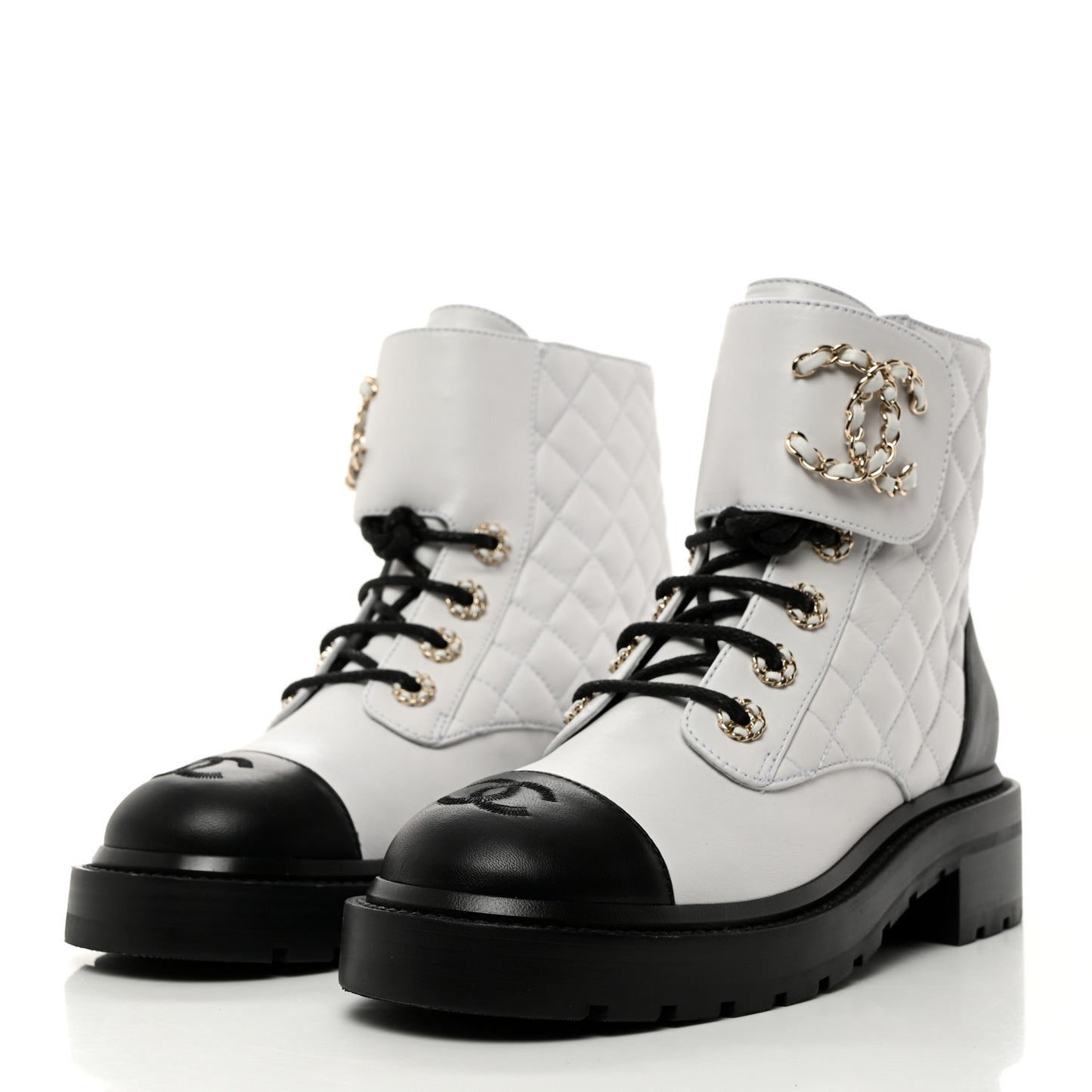 Shiny Goatskin Calfskin Quilted Lace Up Combat Boots 37 Black White