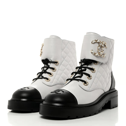 Chanel Shiny Goatskin Calfskin Quilted Lace Up Combat Boots 37 Black White 3 of 9
