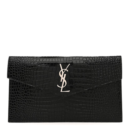 Saint Laurent Calfskin Crocodile Embossed Uptown Monogram Pouch Black 1 of 8