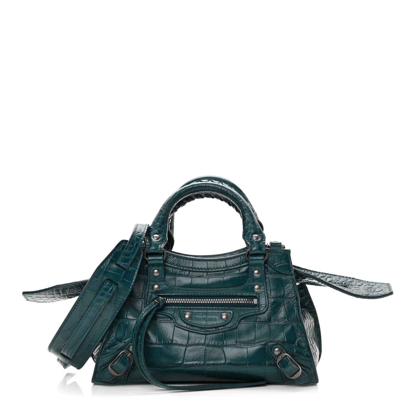 Calfskin Crocodile Embossed Neo Classic Silver Hardware Mini City Dark Petrol Blue