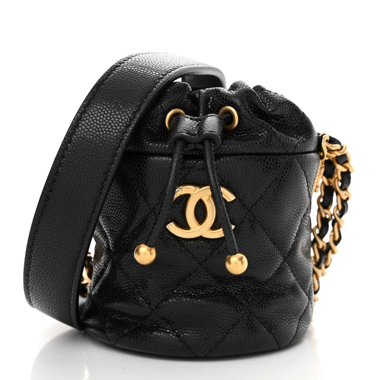 Caviar Quilted Twist Your Buttons Micro Bucket Bag Black