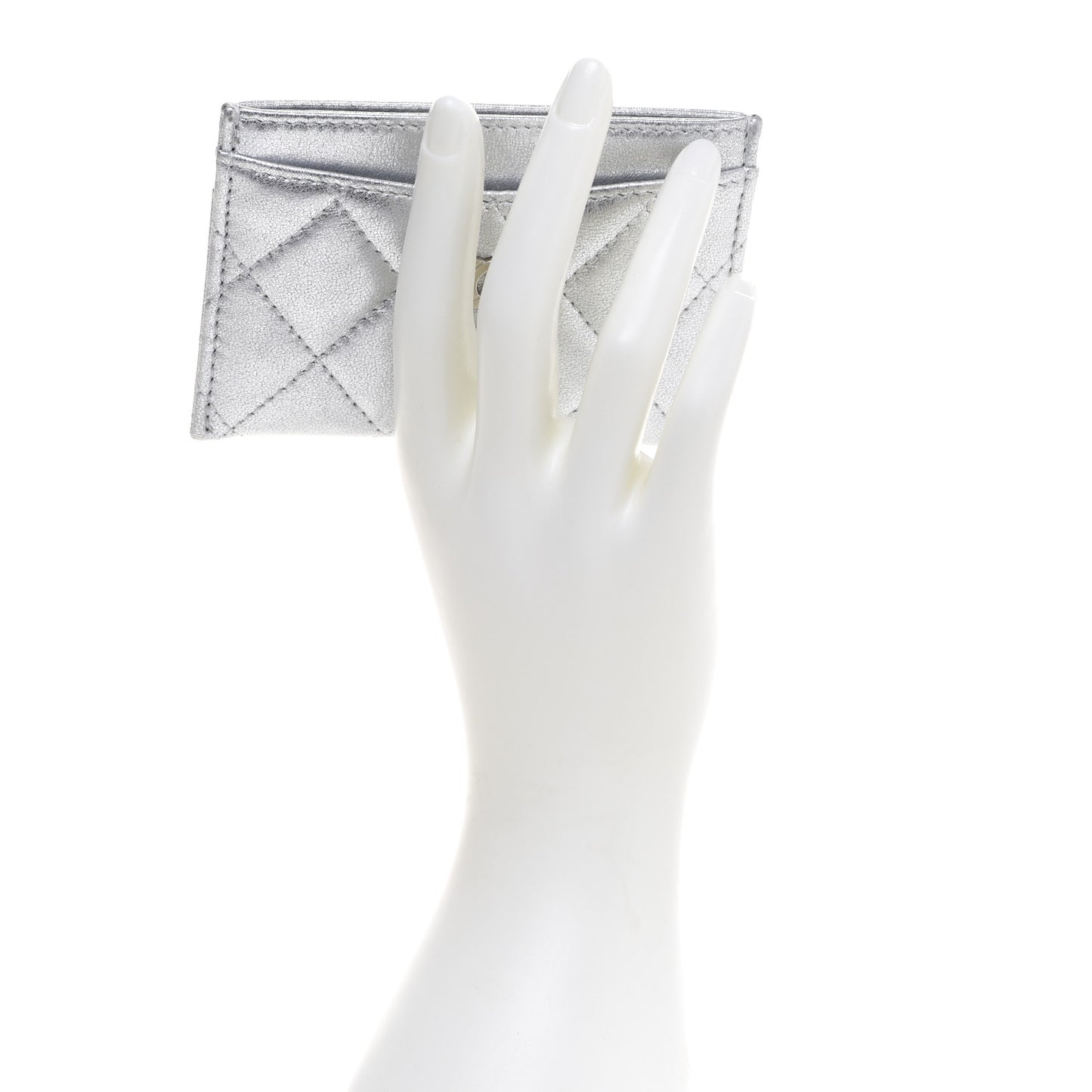 Metallic Lambskin Quilted Card Holder Silver