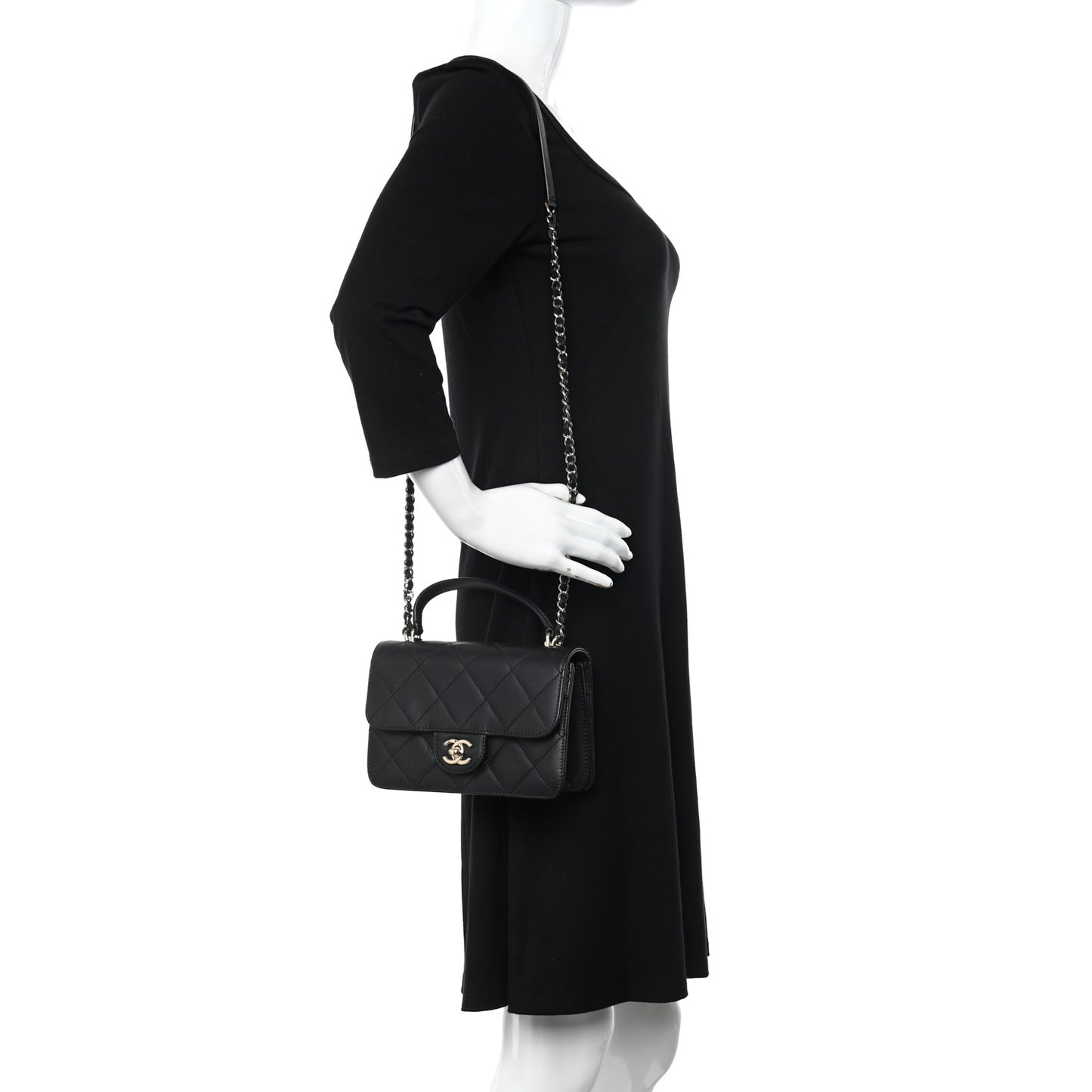 Calfskin Quilted Small Top Handle Flap Black