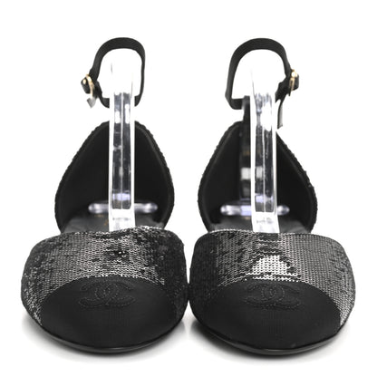 Chanel Sequin Grosgrain CC Cap Toe Ankle Flat 37.5 Black 3 of 9