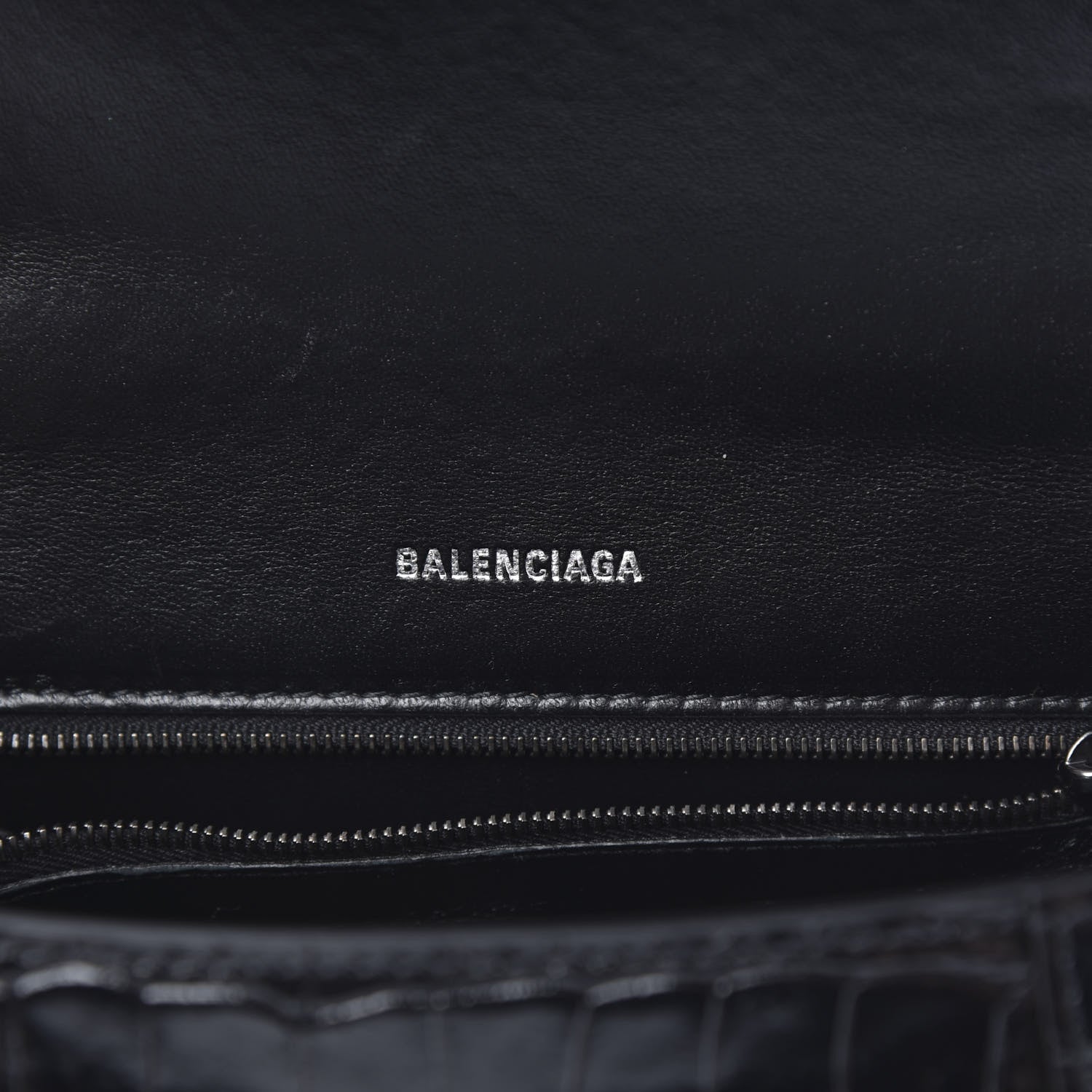 Balenciaga Shiny Calfskin Monochrome Crocodile Embossed Small Hourglass Top Handle Bag Black 6 of 11