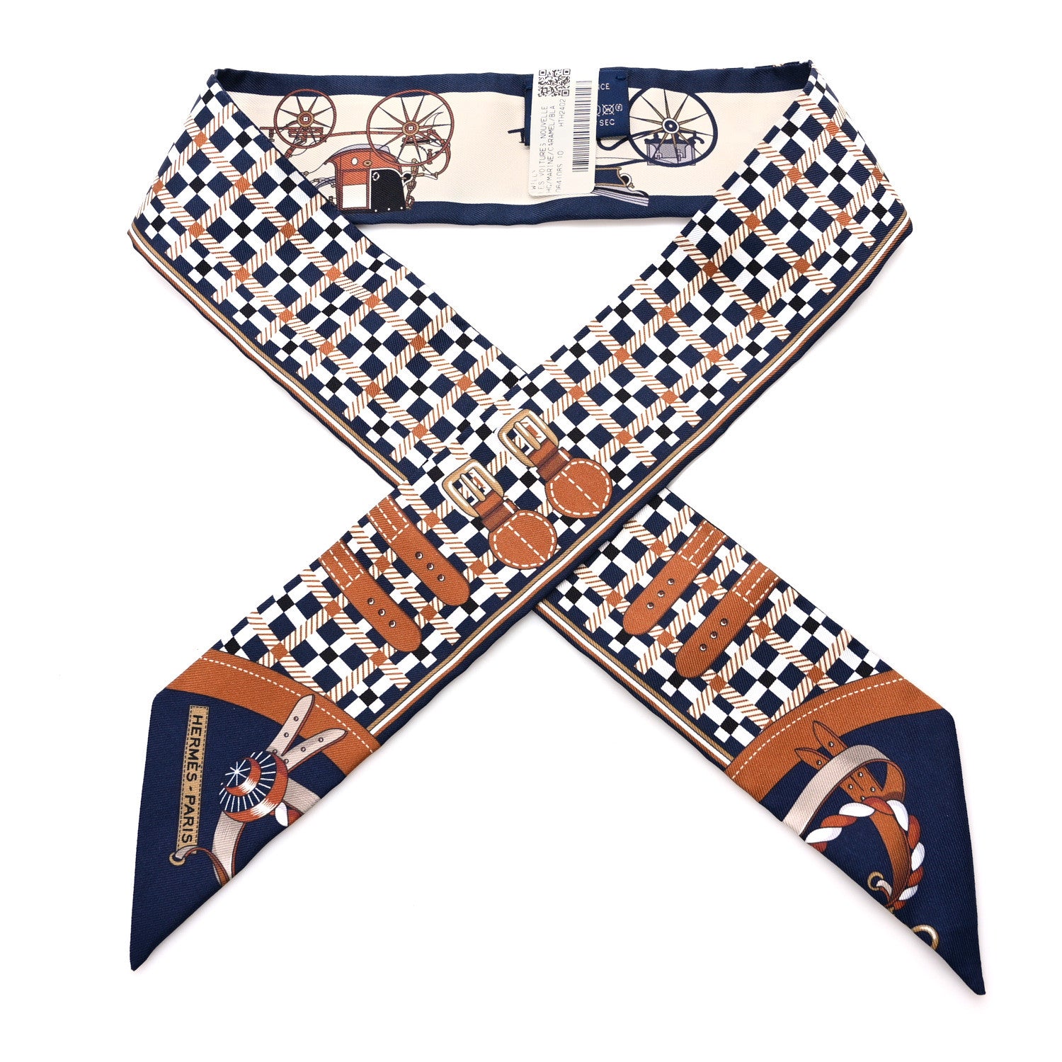 Hermes Silk Les Voitures Nouvelle Twilly Marine Caramel White 1 of 4
