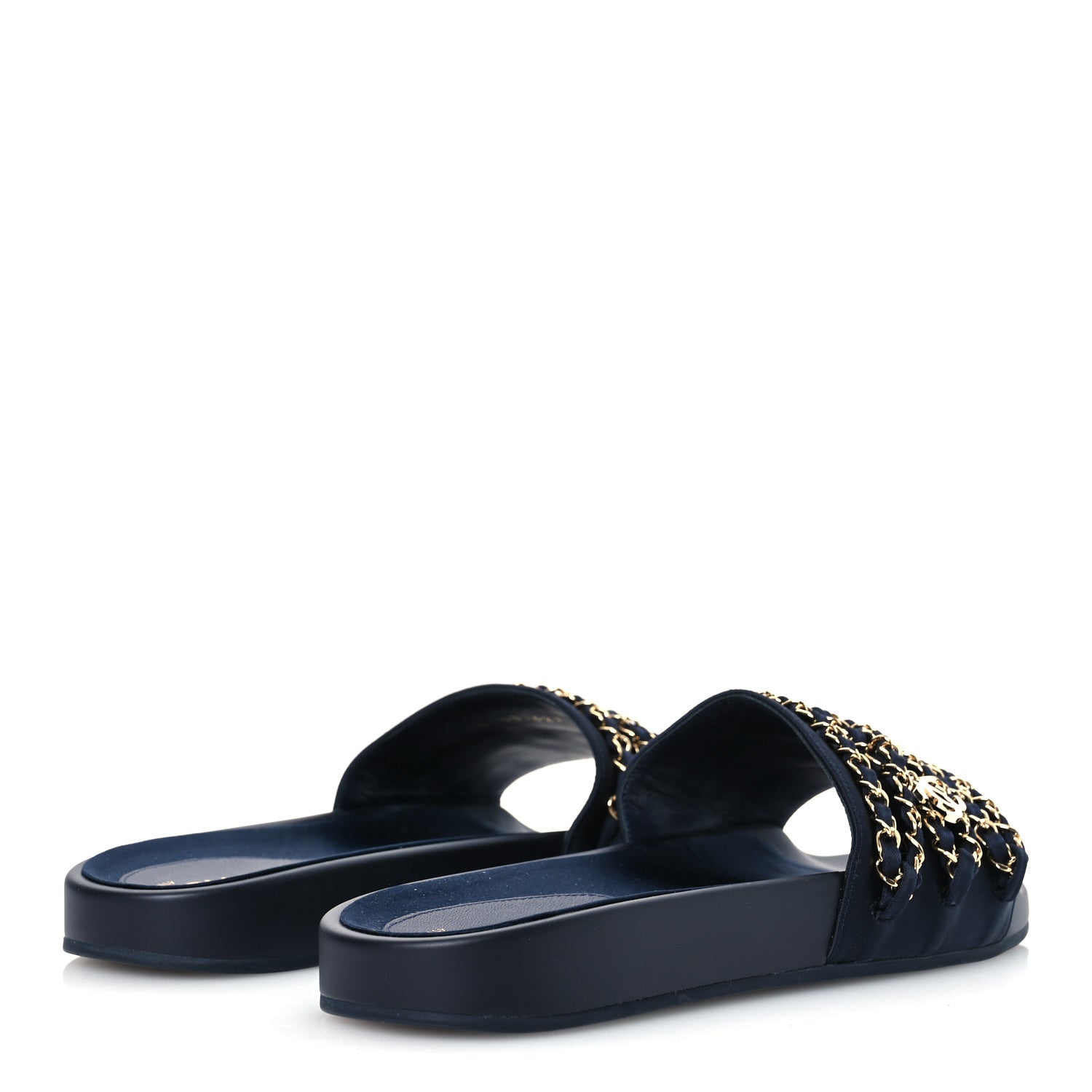 Chanel Satin Canvas Chain Slides Sandals Flats 40 Marine 5 of 12