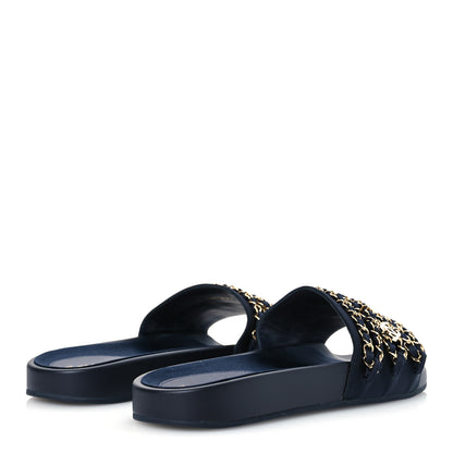Chanel Satin Canvas Chain Slides Sandals Flats 40 Marine 5 of 12