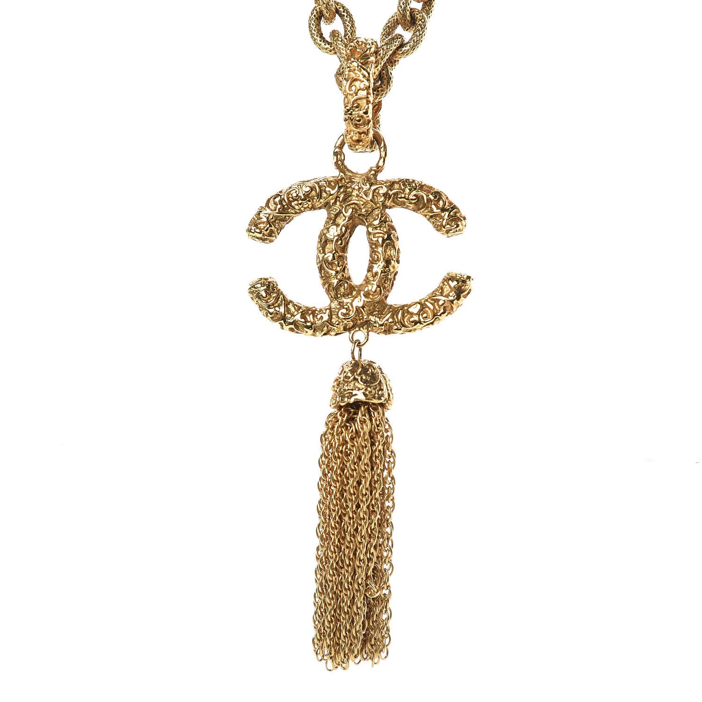 Textured Etruscan CC Tassel Necklace Gold