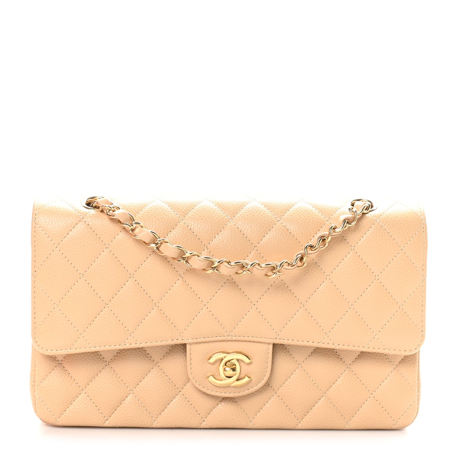 Caviar Quilted Medium Double Flap Beige