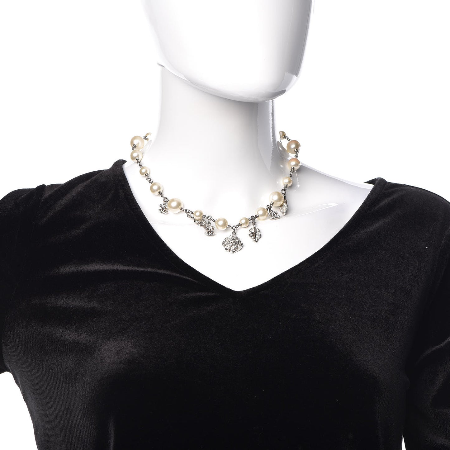 Crystal Pearl CC Camellia Charm Necklace Silver