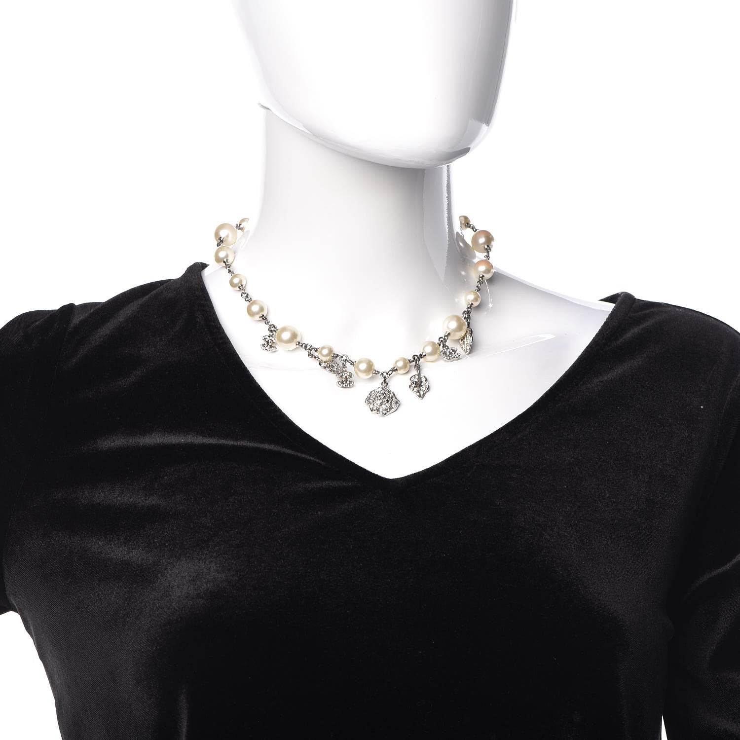 Chanel Crystal Pearl CC Camellia Charm Necklace Silver 2 of 4