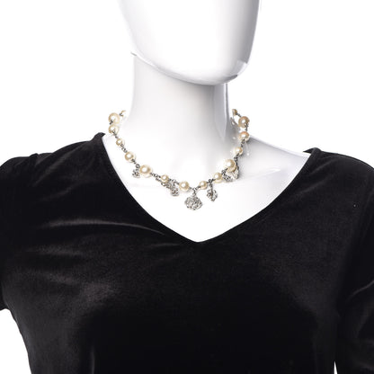 Chanel Crystal Pearl CC Camellia Charm Necklace Silver 2 of 4
