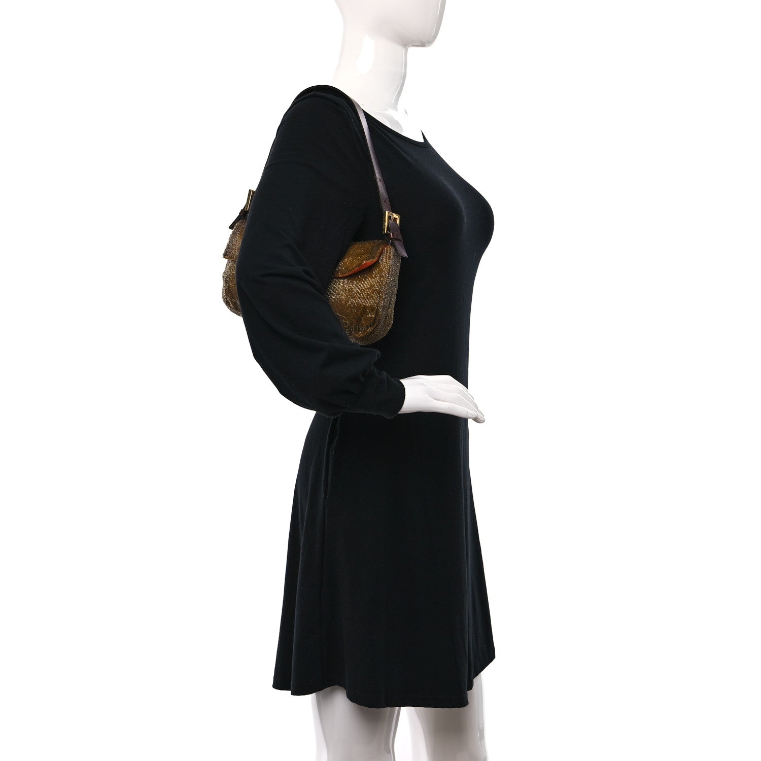 Fendi Beaded Baguette Beige Gold 2 of 9