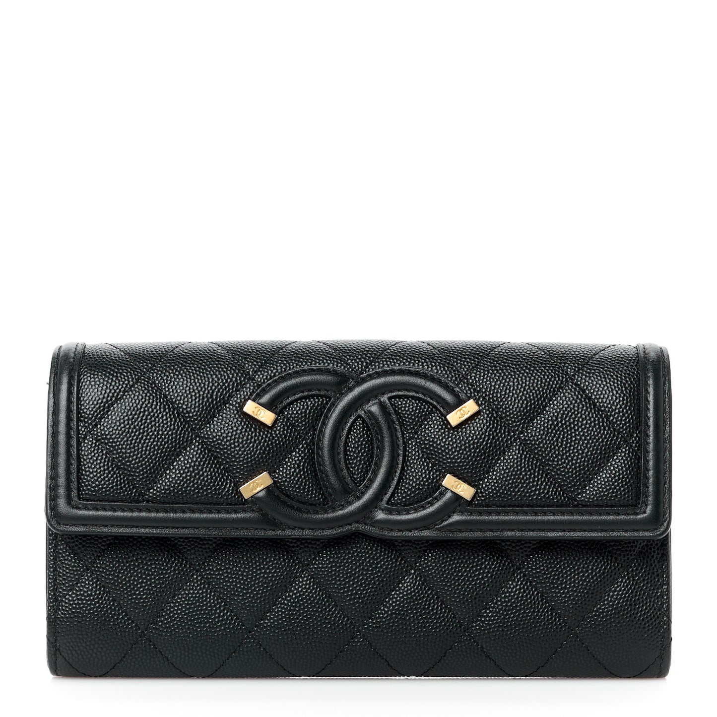 Caviar Quilted Filigree Large Gusset Flap Wallet Black