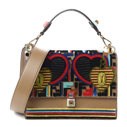 Fendi Vitello Liberty Velvet FF 1974 Hearts Padlock Embroidered Kan I Shoulder Bag Fango Multicolor 1 of 9