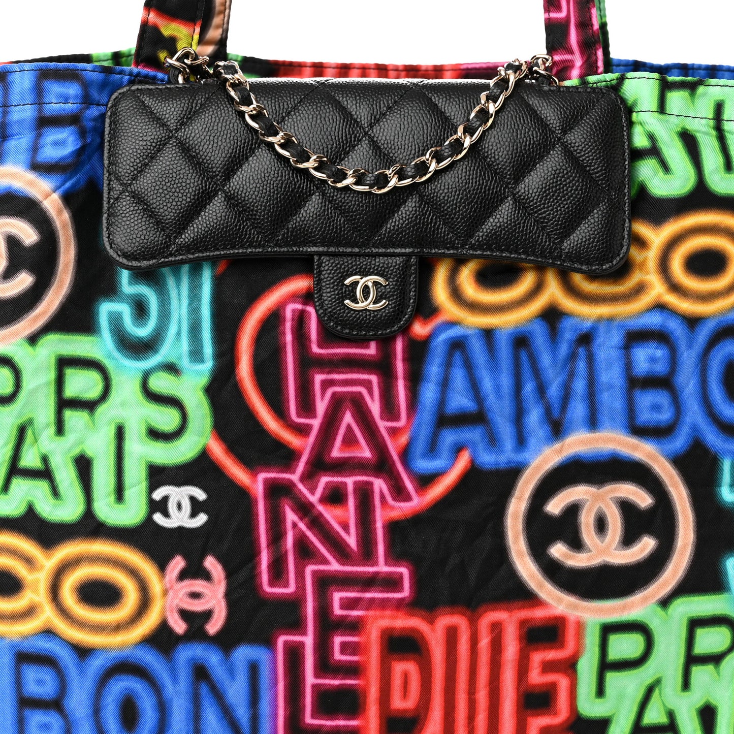 Caviar Fabric Graffiti Foldable Tote Bag With Chain Black Multicolor