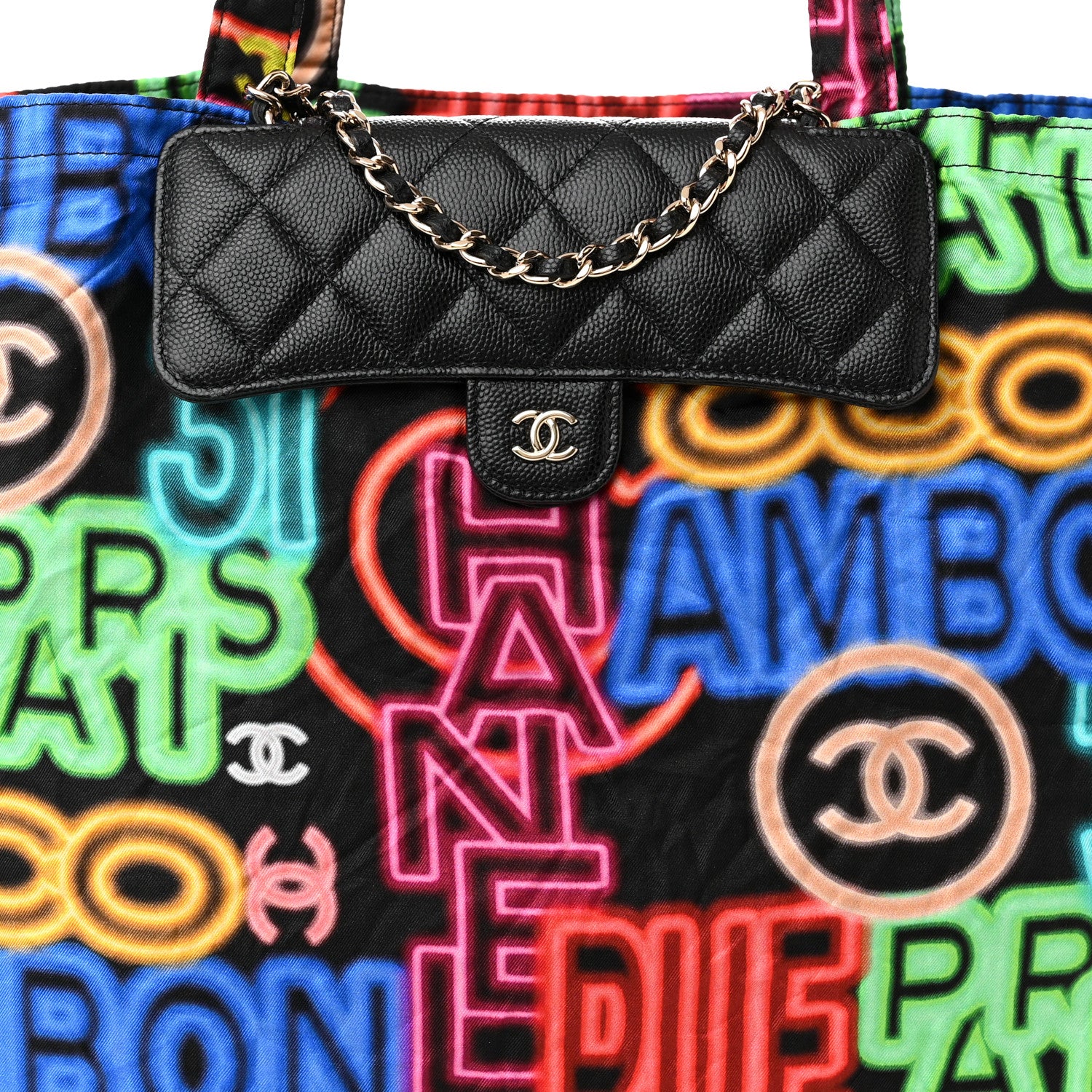 Chanel Caviar Fabric Graffiti Foldable Tote Bag With Chain Black Multicolor 14 of 18