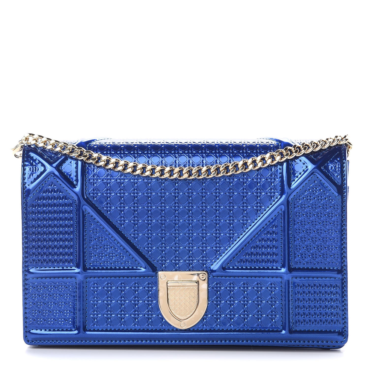 Christian Dior Metallic Patent Micro-Cannage Diorama Wallet on Chain Pouch Mirror Blue 1 of 9