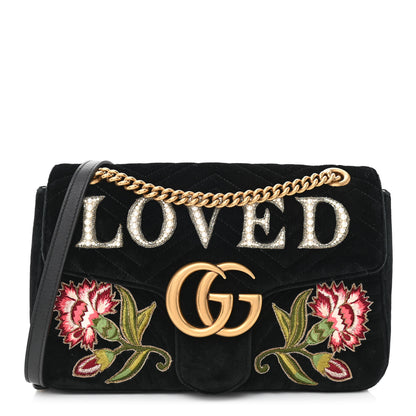Gucci Velvet Matelasse Loved Embroidered Medium GG Marmont Shoulder Bag Black 1 of 10