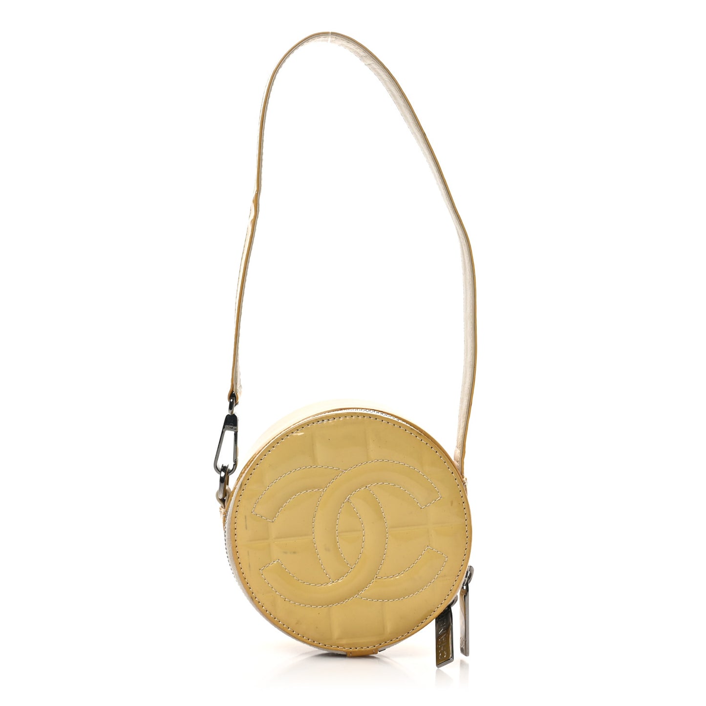 Patent Quilted CC Chocolate Bar Round Shoulder Bag Yellow