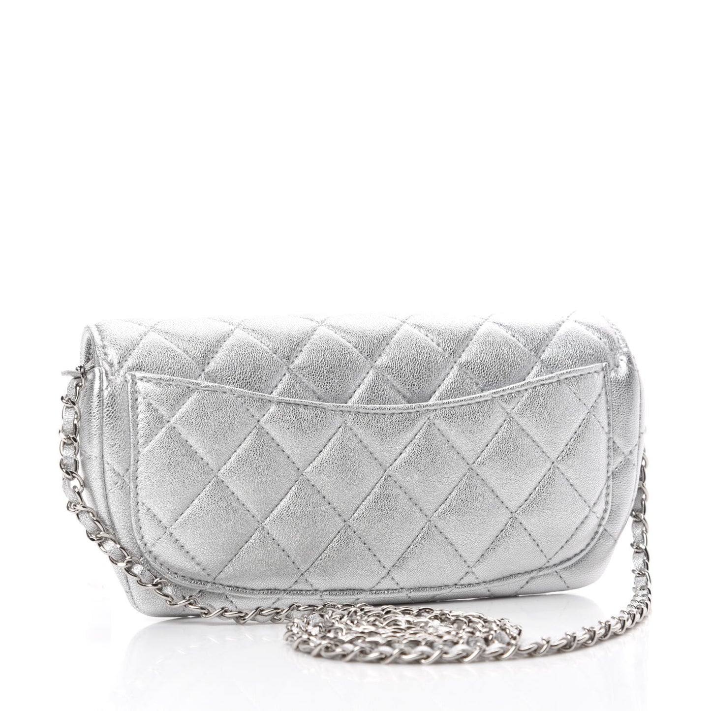 Metallic Lambskin Quilted Glasses Case With Chain Silver