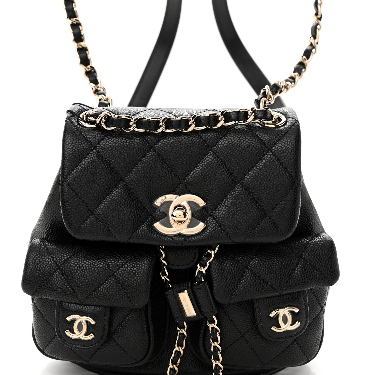 Shiny Caviar Quilted Small Duma Pockets Drawstring Backpack Black