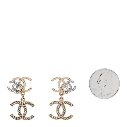Chanel Crystal Pearl Double CC Drop Earrings Gold Silver 2 of 5