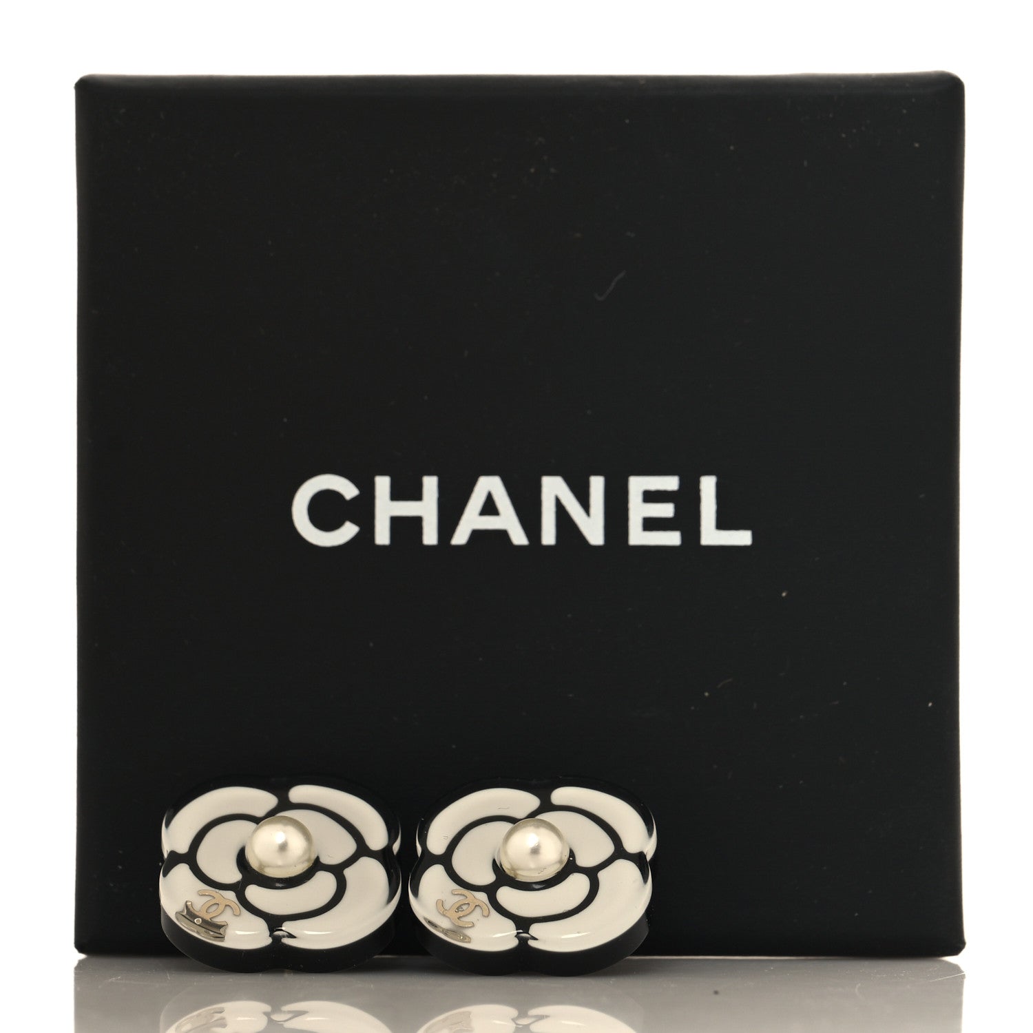 Chanel Resin Pearl Camelia Earrings Black White 5 of 5