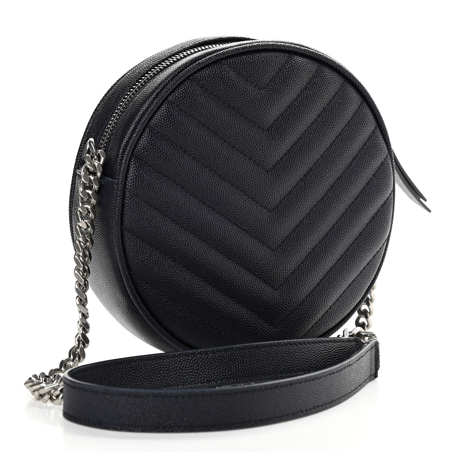 Saint Laurent Grain De Poudre Matelasse Chevron Quilted Round Vinyle Camera Bag Deep Marine 3 of 11