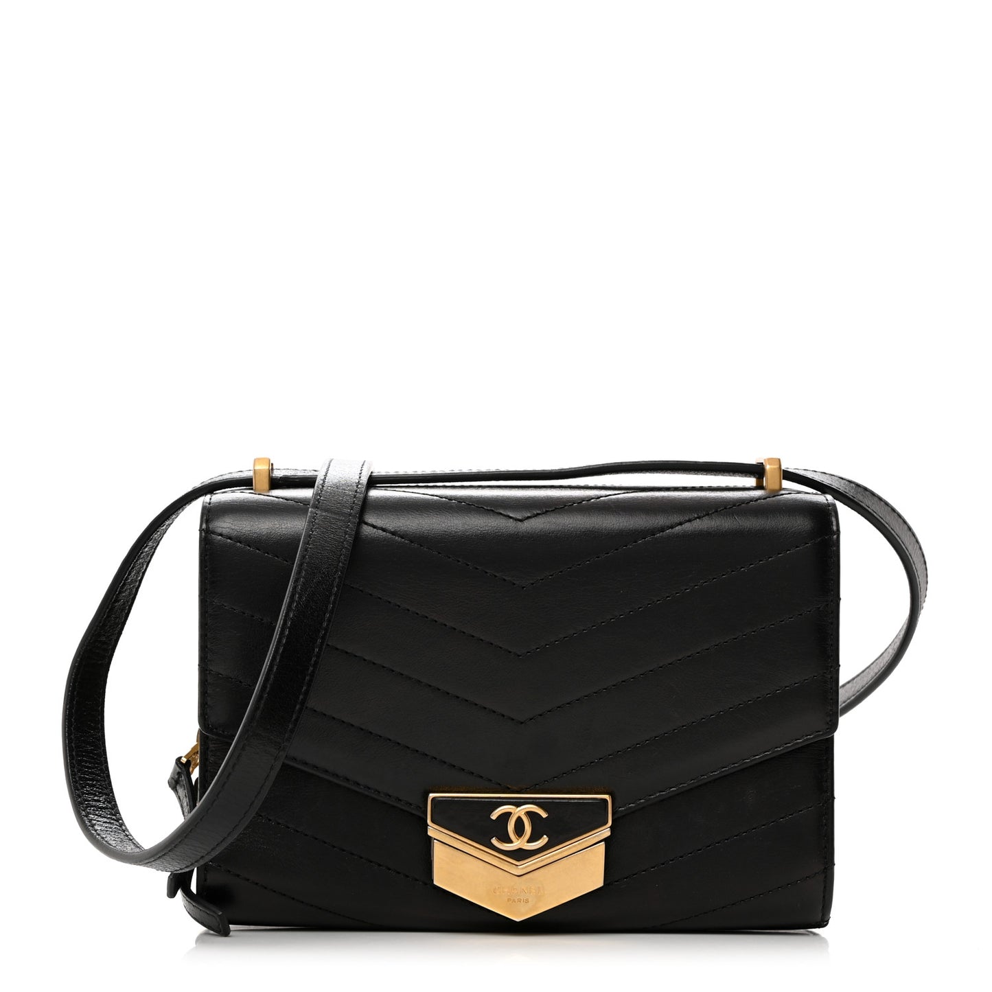 Calfskin Chevron Quilted Medal Flap Black