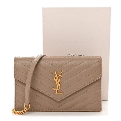 Saint Laurent Grain De Poudre Matelasse Chevron Monogram Envelope Chain Wallet Dark Beige 13 of 13