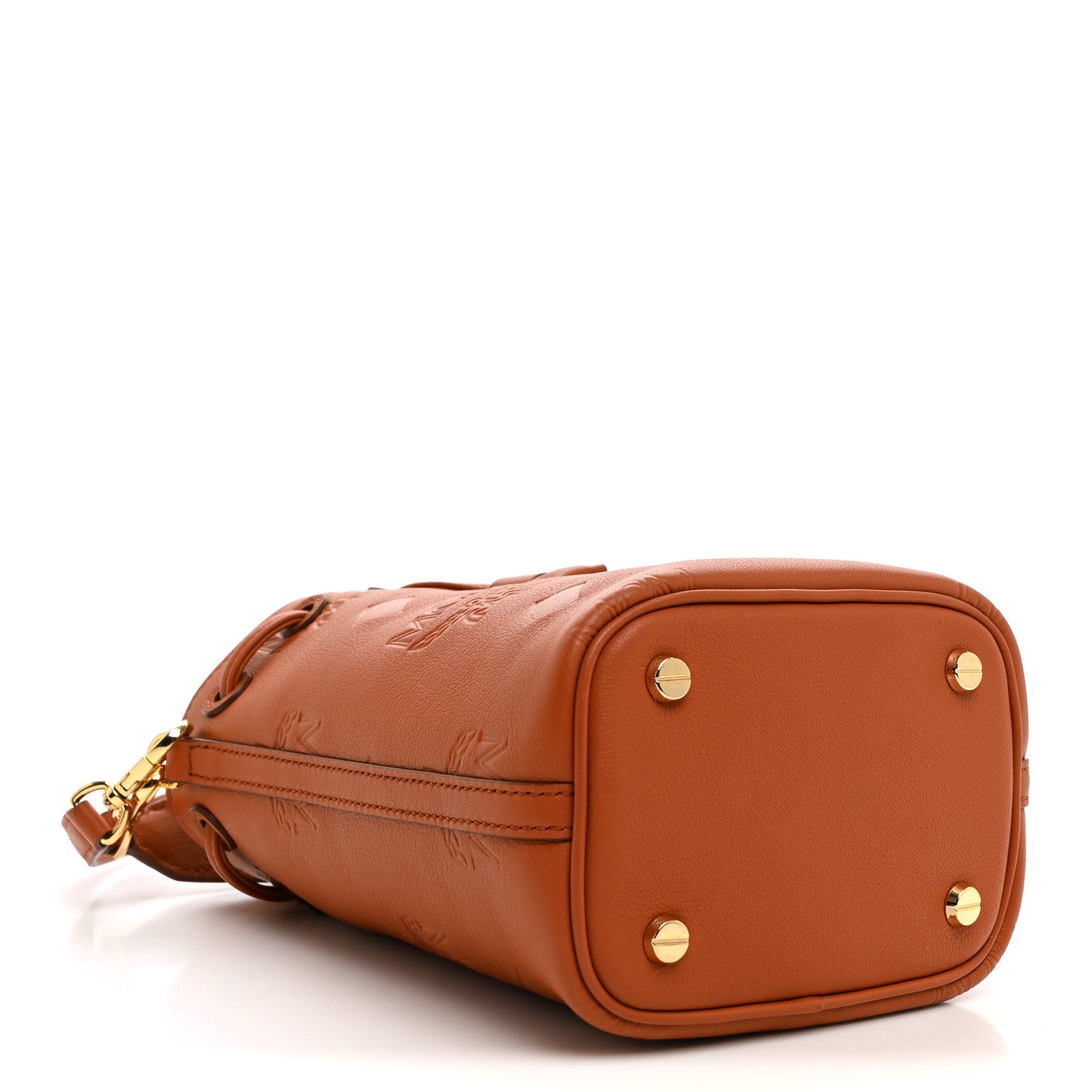 MCM Calfskin Embossed Monogram Mini Dessau Drawstring Bucket Bag Cognac 4 of 9
